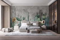 Green Cactus in Desert Wall Mural in grey bedroom.