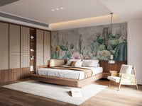 Wooden bedroom interior featuring green cactus wall mural.