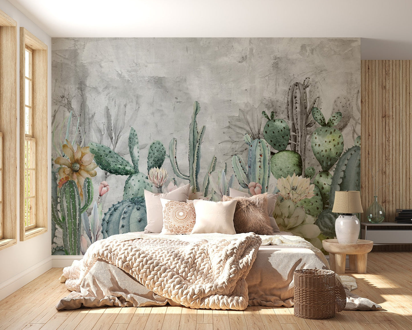 Neutral bedroom design with green cactus wall mural.
