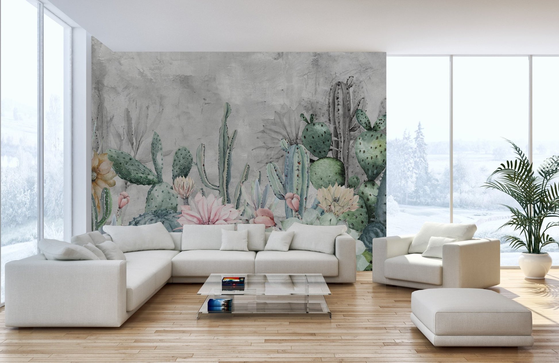 Minimalist white living room with cactus wall mural.
