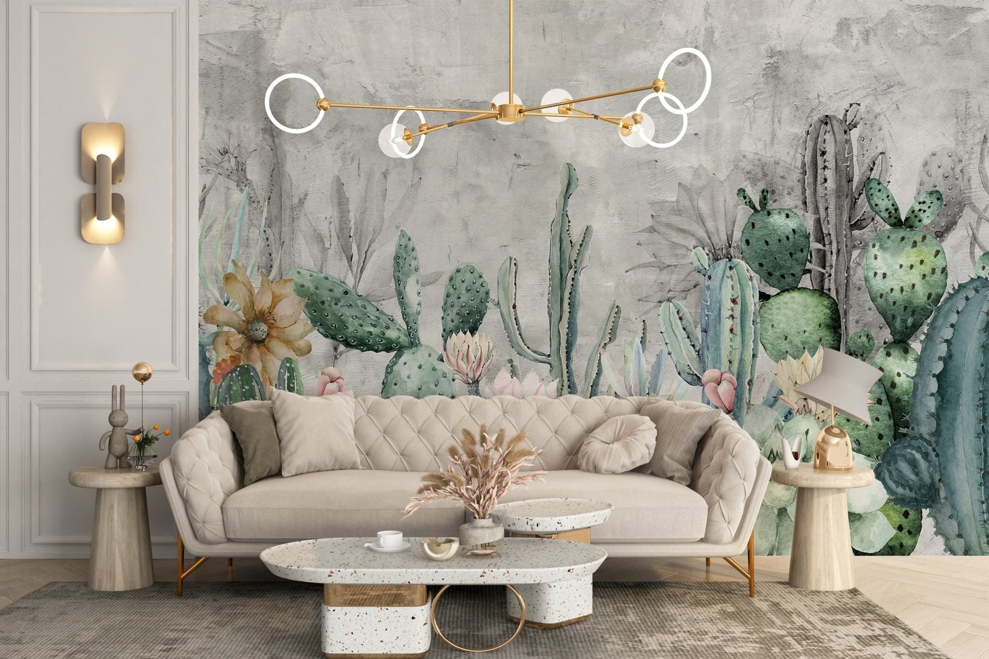 Green Cactus in Desert Wall Mural for living space.