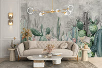Green Cactus in Desert Wall Mural for living space.
