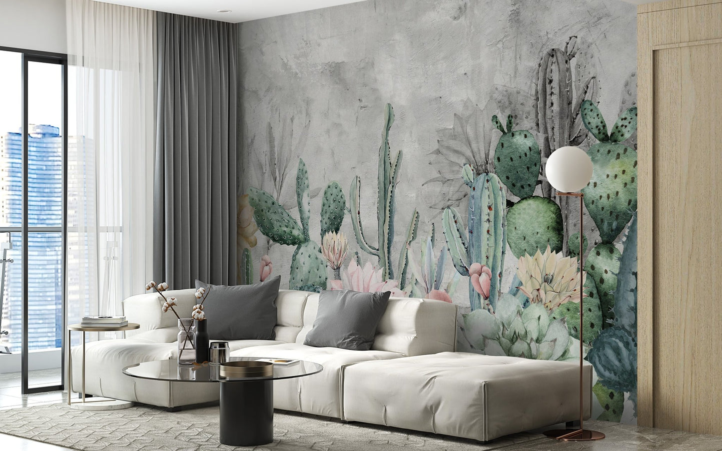 Contemporary corner sofa set against desert wall mural in open living area.