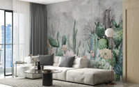 Contemporary corner sofa set against desert wall mural in open living area.