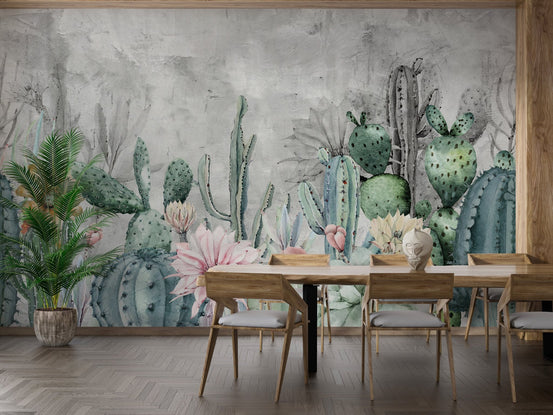 Dining area styling with botanical desert wall mural