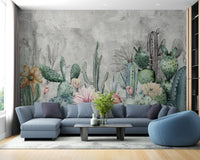 Grey and green cactus wall mural in blue sofa living room.