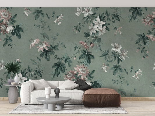 Green chinoiserie wallpaper with vintage botanical vines on sage background.