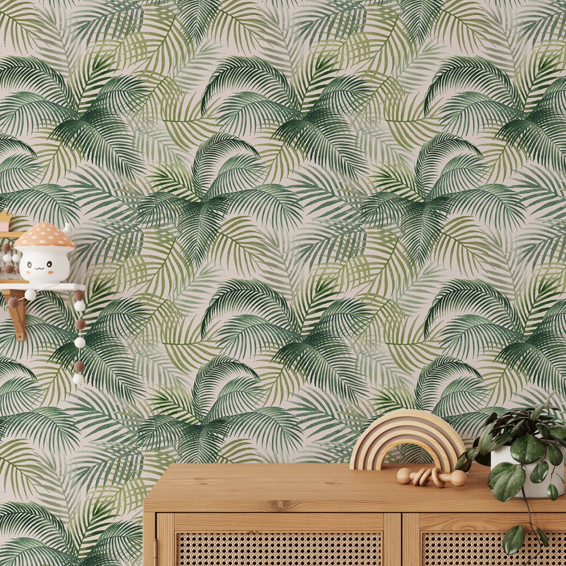 Palm leaves wallpaper behind a wooden sideboard and woven storage basket.