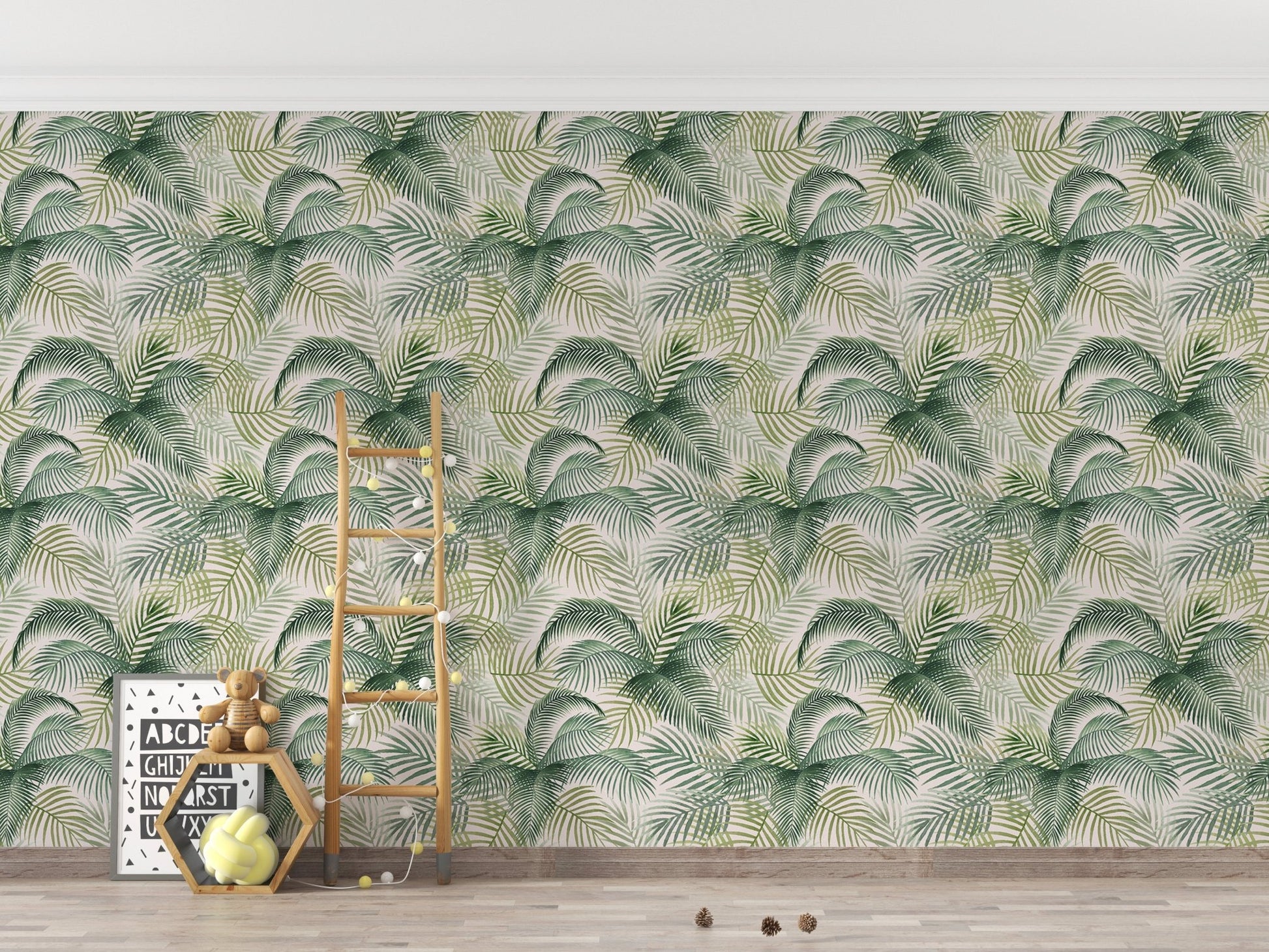 Green foliage wallpaper in a minimalist playroom with a wooden ladder.