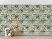Green foliage wallpaper in a minimalist playroom with a wooden ladder.