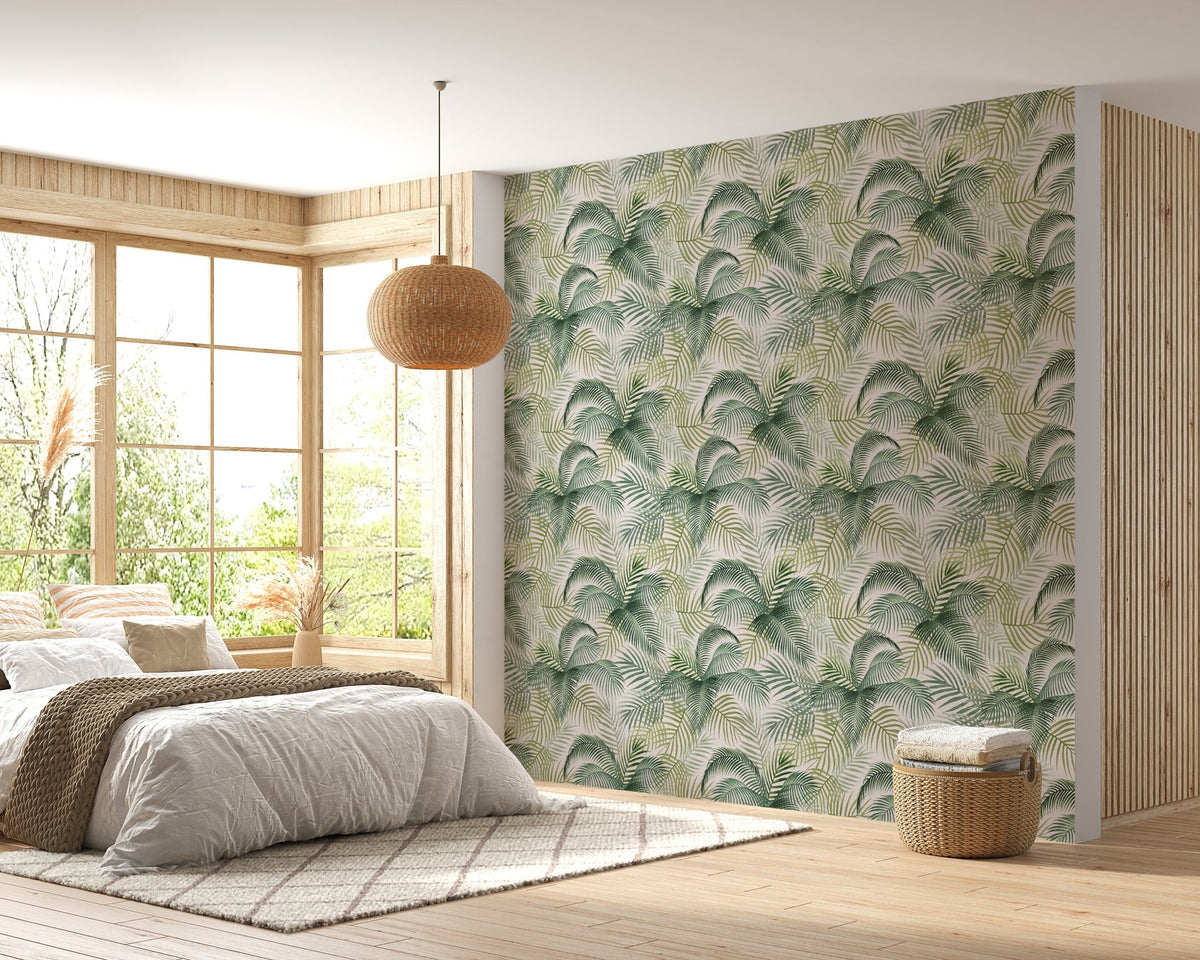 Leafy repeat pattern wallpaper in a bright bedroom with a rattan pendant light.