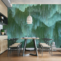 Modern digital art wall mural featuring layered forest green vertical lines.