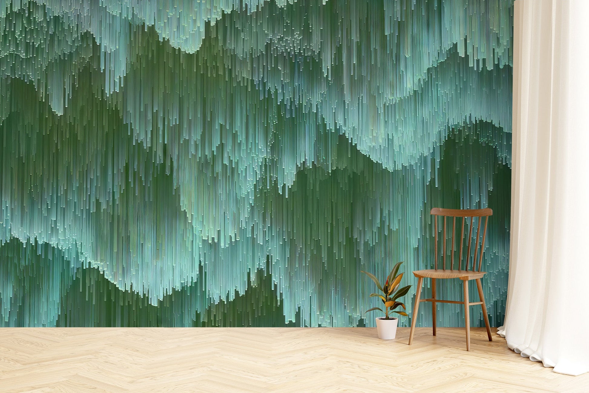 Artistic vertical drip pattern green crystal wallpaper mural for accent walls.