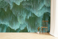 Artistic vertical drip pattern green crystal wallpaper mural for accent walls.