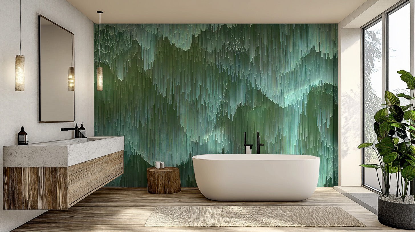 Vibrant mint green crystal wallpaper mural featuring abstract linear shapes.