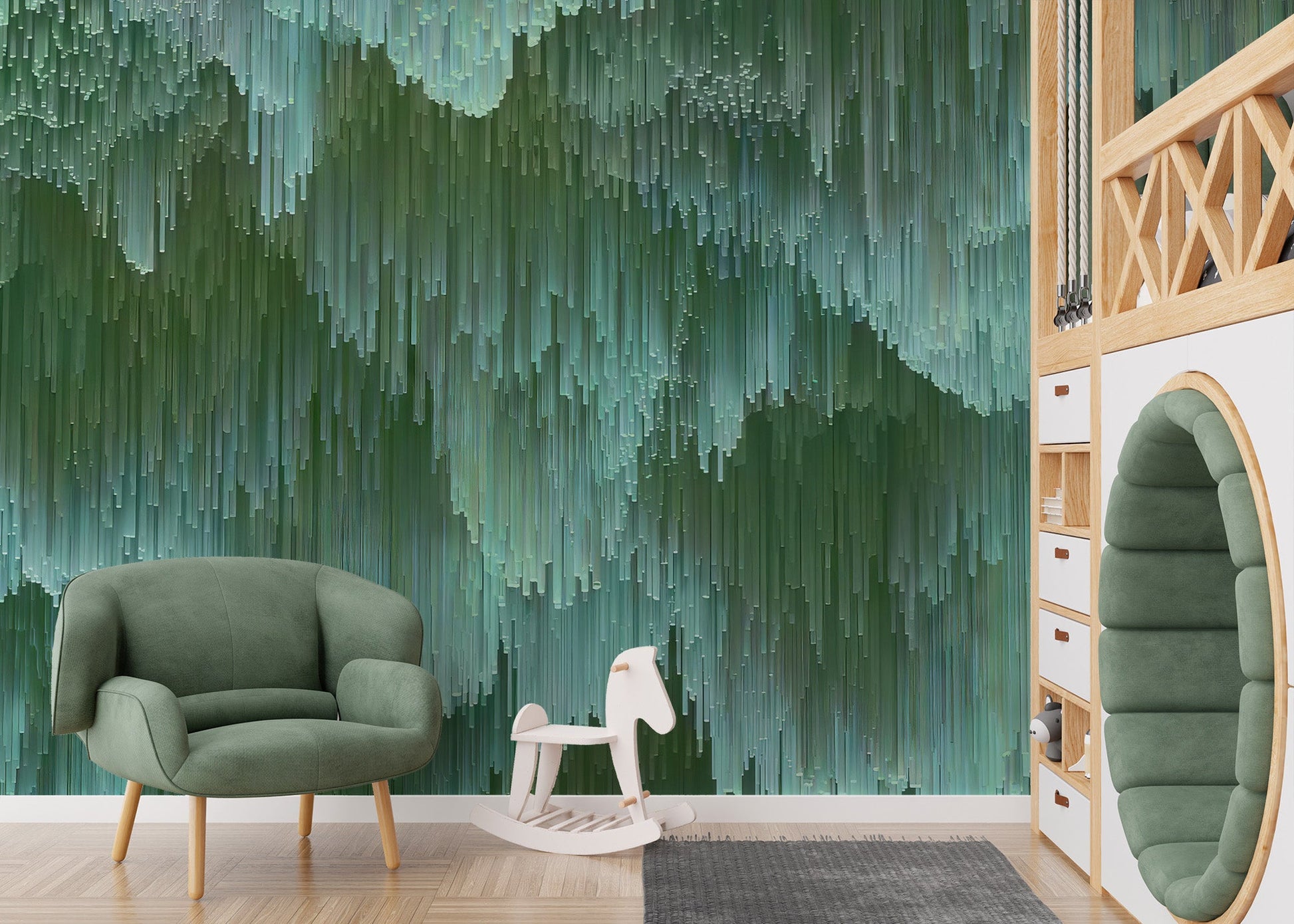 Vertical sage stripes and abstract crystal formations wall mural.