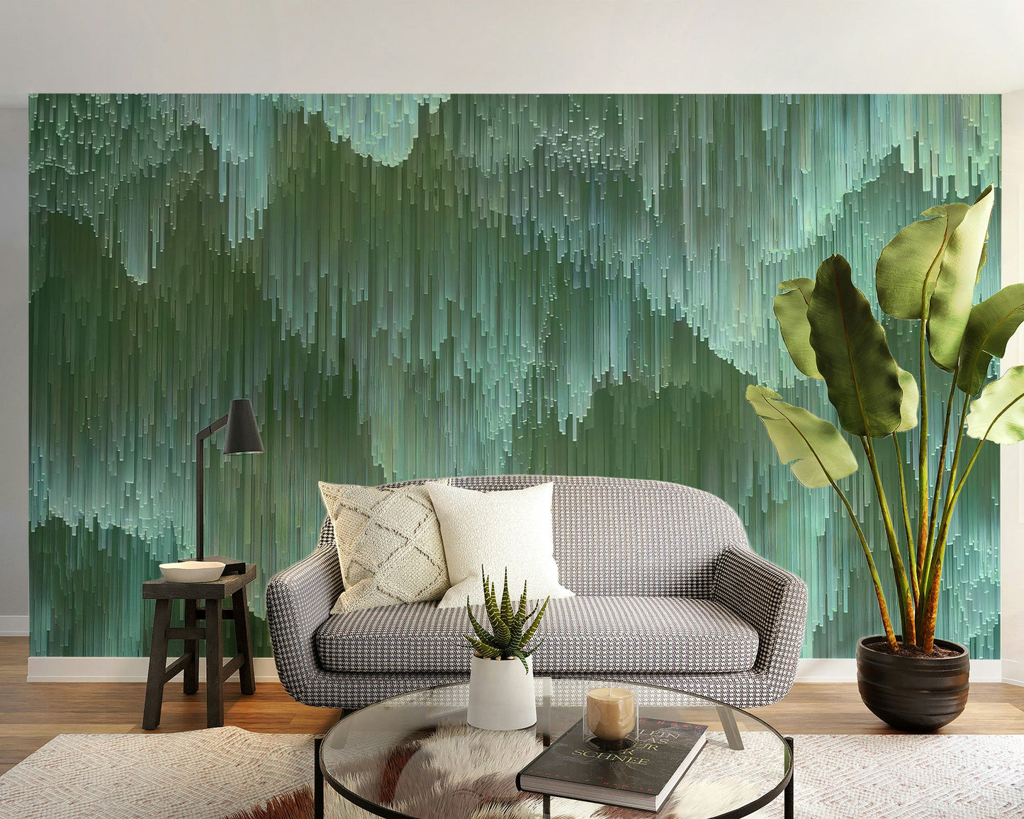 Sage and mint geometric drip design green crystal wallpaper mural.