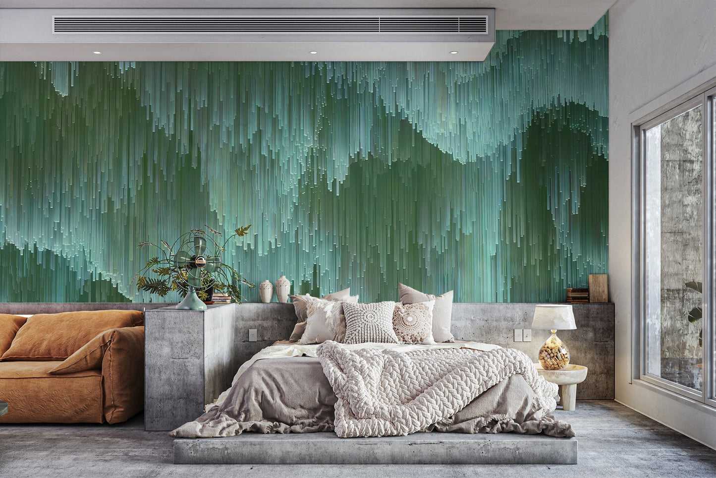 Contemporary mint green crystal wallpaper mural with a pixelated aesthetic.