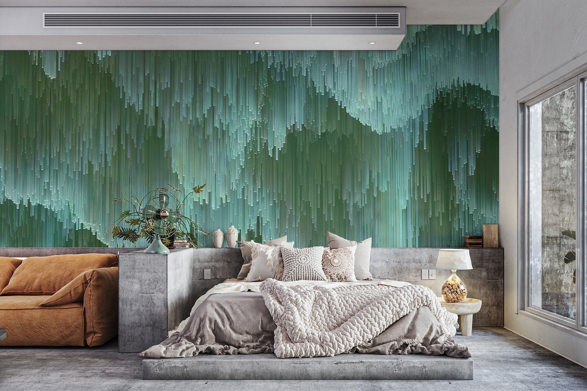 Contemporary mint green crystal wallpaper mural with a pixelated aesthetic.
