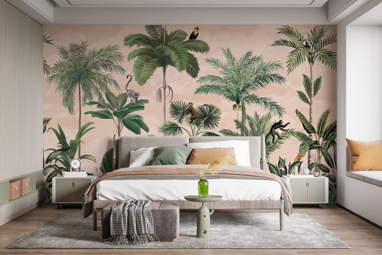 Tropical forest wallpaper mural with palm trees and wildlife illustration.