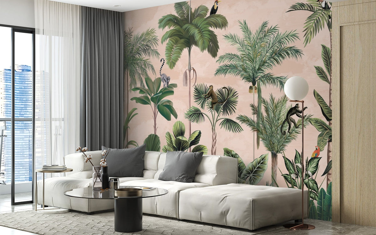 Illustrated rainforest wallpaper mural in muted earthy color palette.