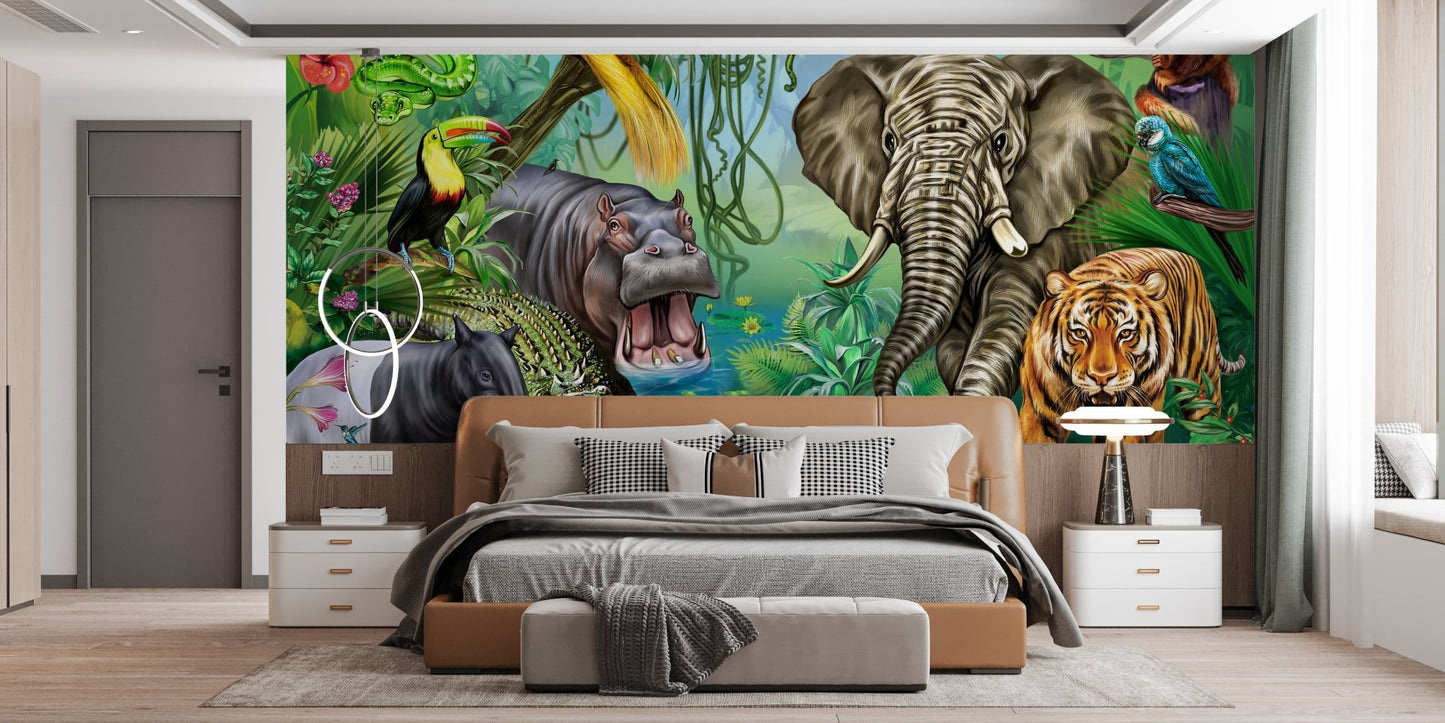 Wildlife forest wall mural in a master bedroom with a tan leather bed frame.