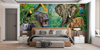 Wildlife forest wall mural in a master bedroom with a tan leather bed frame.