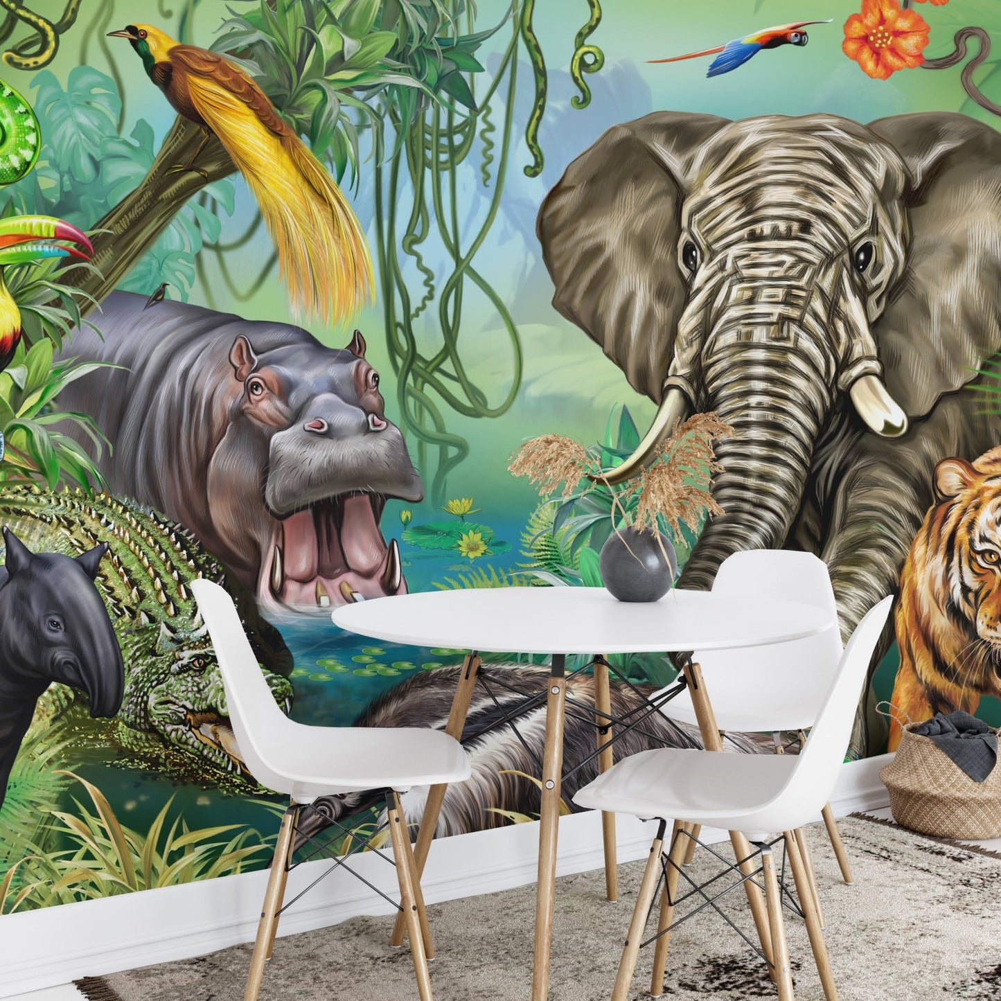 Green Forest Wildlife wall mural in a dining space with a white table and chairs.