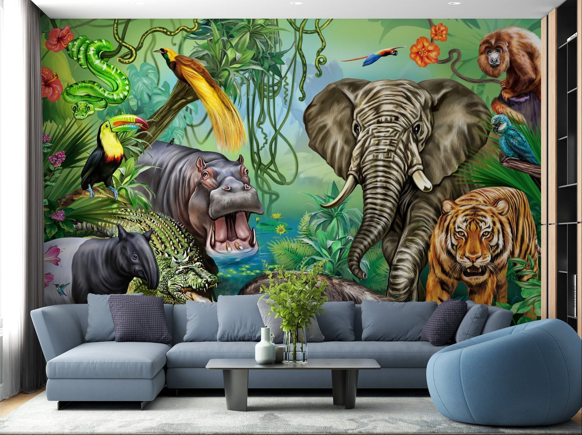 Green Forest Wildlife Kids Room Wal Mural behind a blue sofa in a living area