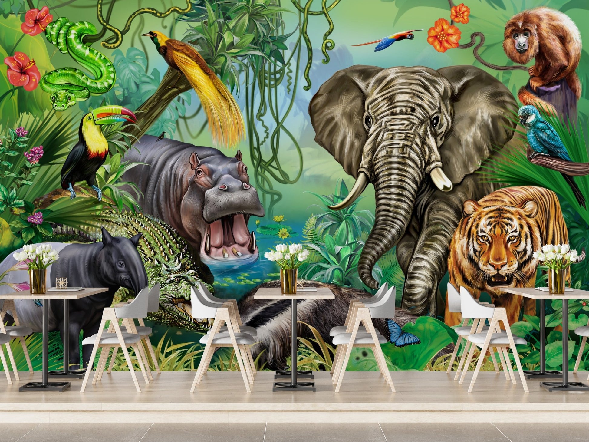 Wildlife-themed green forest wall mural for cafe interior.