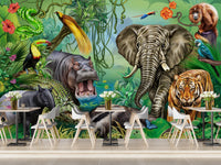 Wildlife-themed green forest wall mural for cafe interior.
