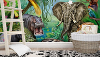 Jungle wildlife wall mural behind a white wooden crib and ladder in a nursery.