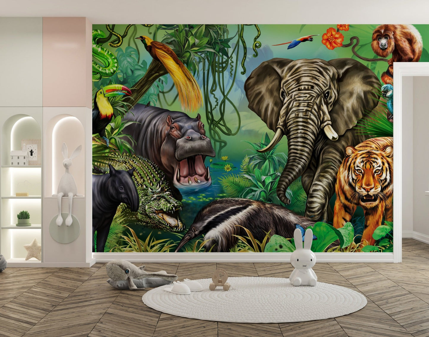 Green forest wildlife wall mural for kids room interior.