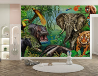 Green forest wildlife wall mural for kids room interior.