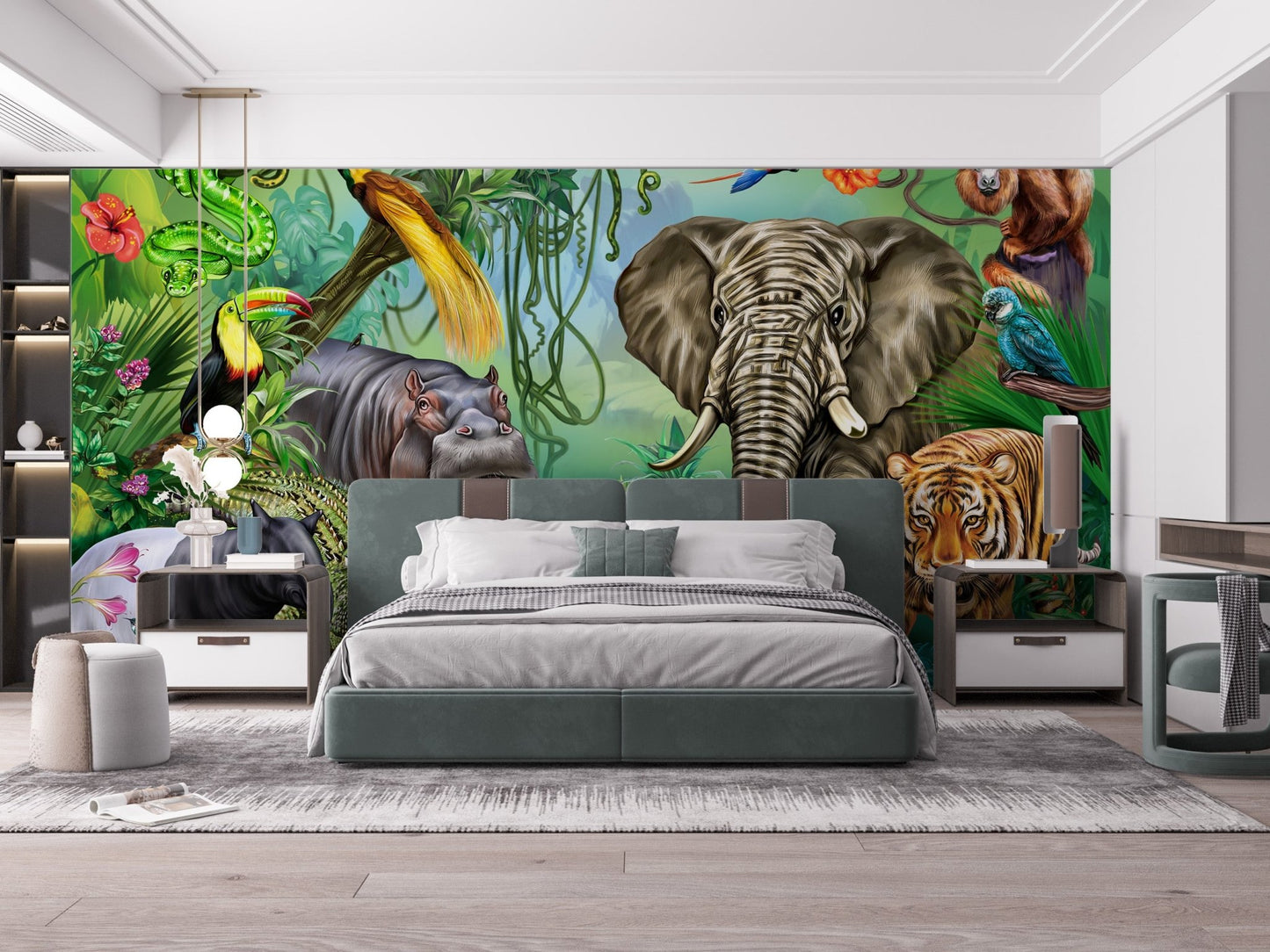 Nature-inspired green forest mural for bedroom backdrop.