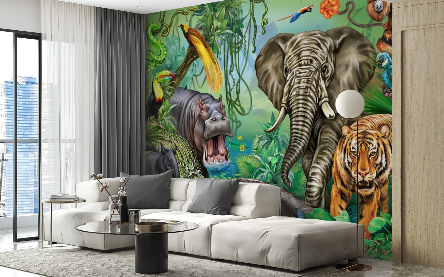 Forestt animal wall mural in a bright living area with a white sectional couch.