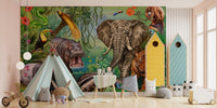 Green Forest Wildlife wall mural in a playroom with a teepee and toy wooden bike.