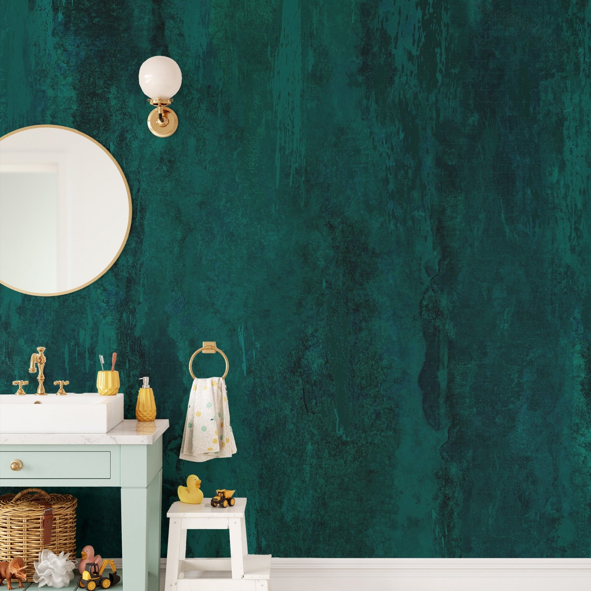 Sophisticated emerald green wallpaper with a matte weathered finish.