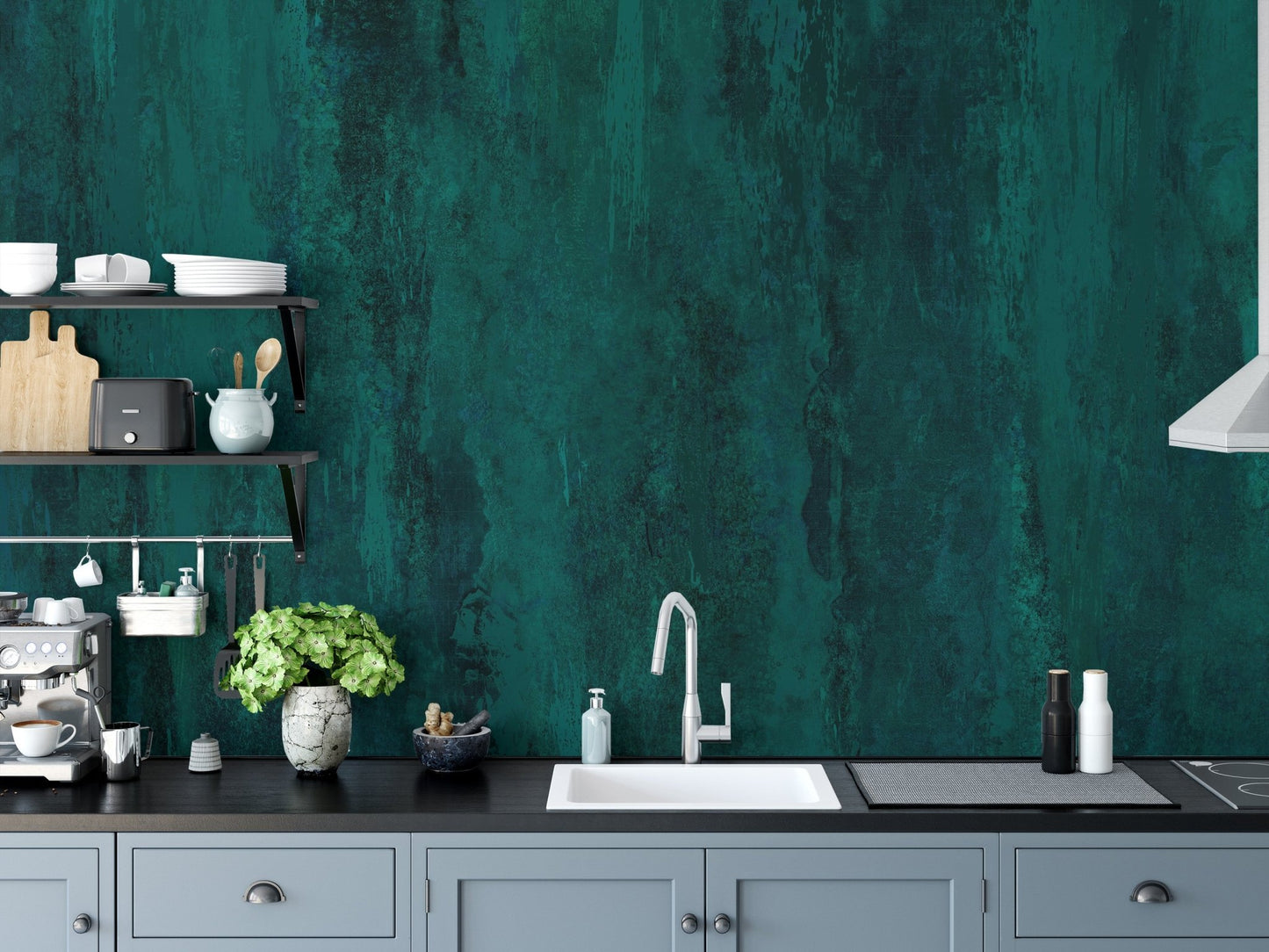 Modern textured green wallpaper with a rustic oxidized metal look.