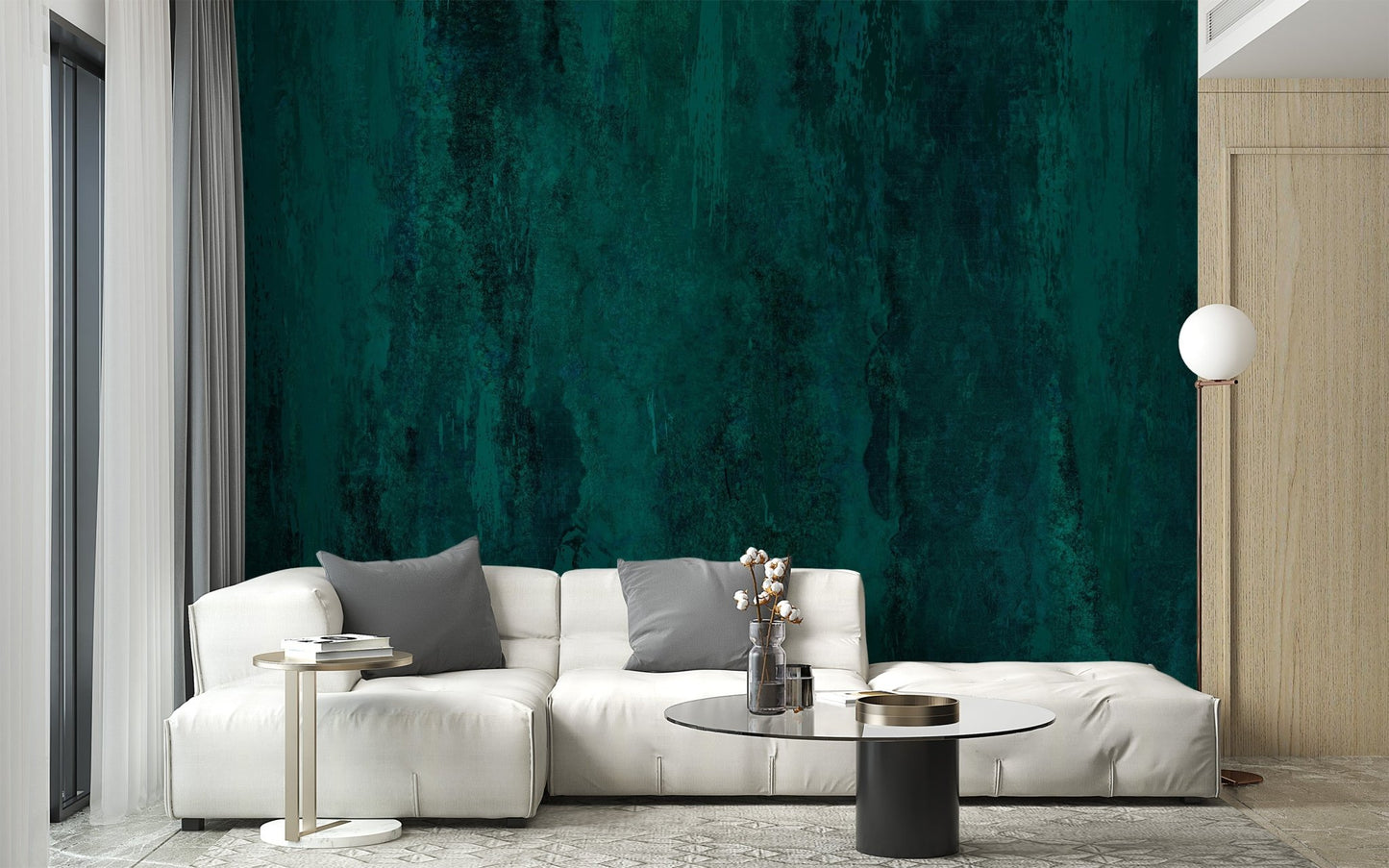 Dramatic dark green wallpaper with high-contrast grunge elements.