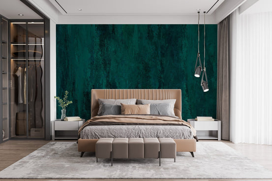 Deep emerald green grunge wall mural with distressed concrete texture.