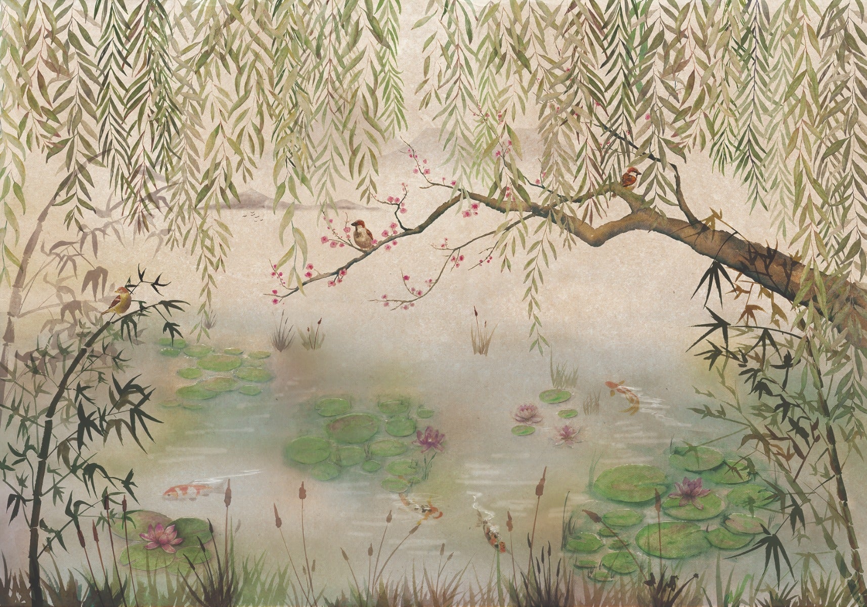 Green hanging leaves and birds wall murals featuring koi fish and lotus ponds.