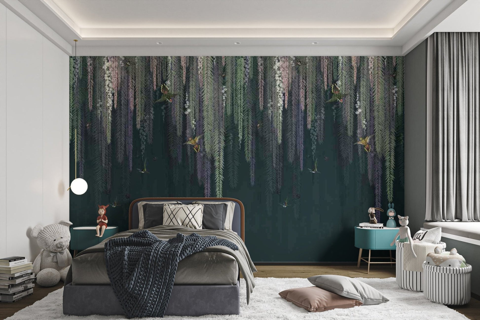 Tropical green leaves and birds wallpaper for walls