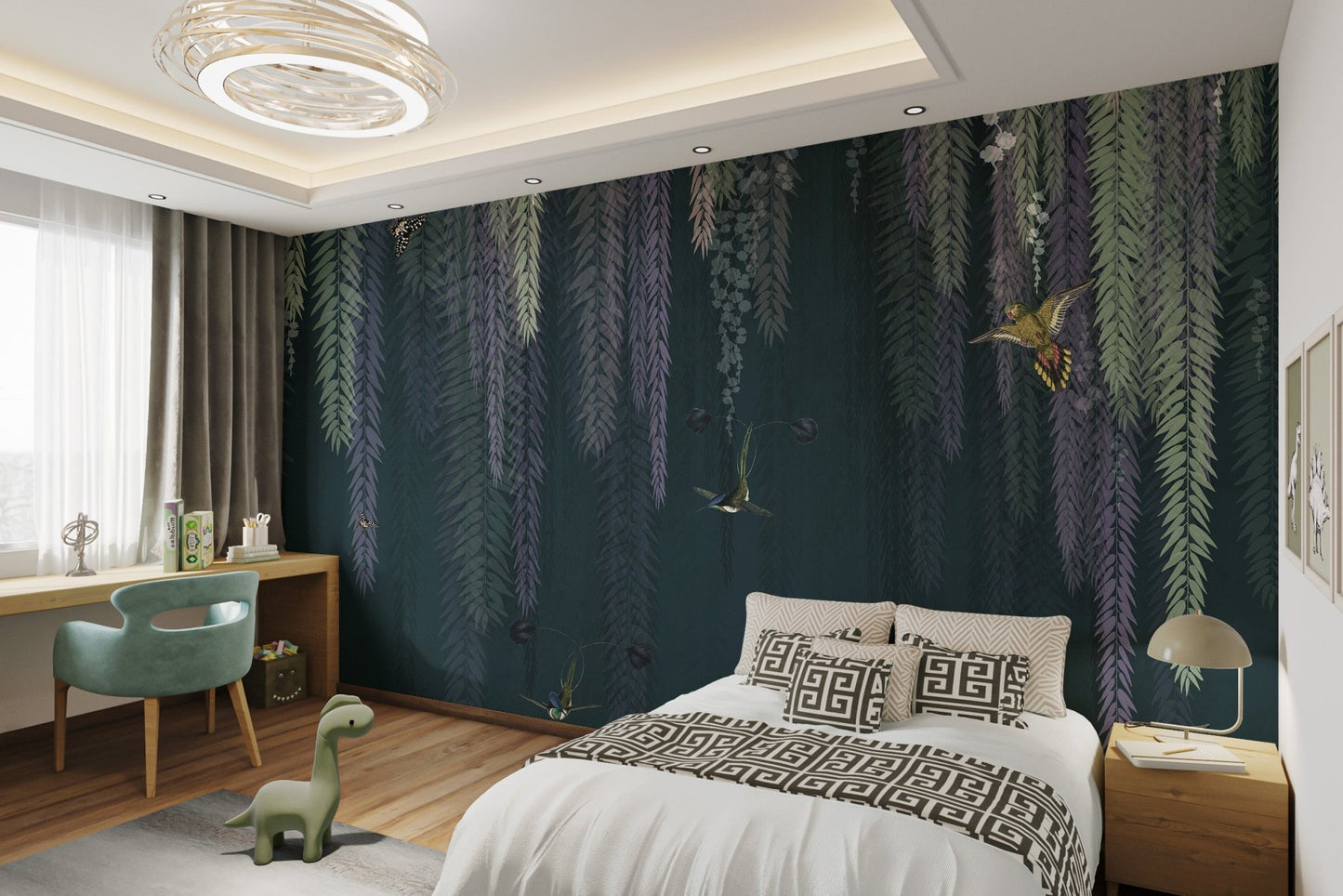 Green Hanging Leaves Birds Wall Murals in a modern living room.