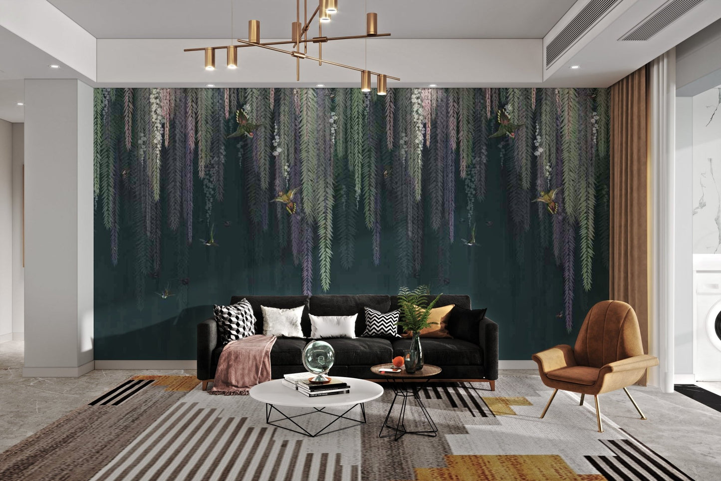 Dark green botanical wall mural with hanging plants for a hallway.