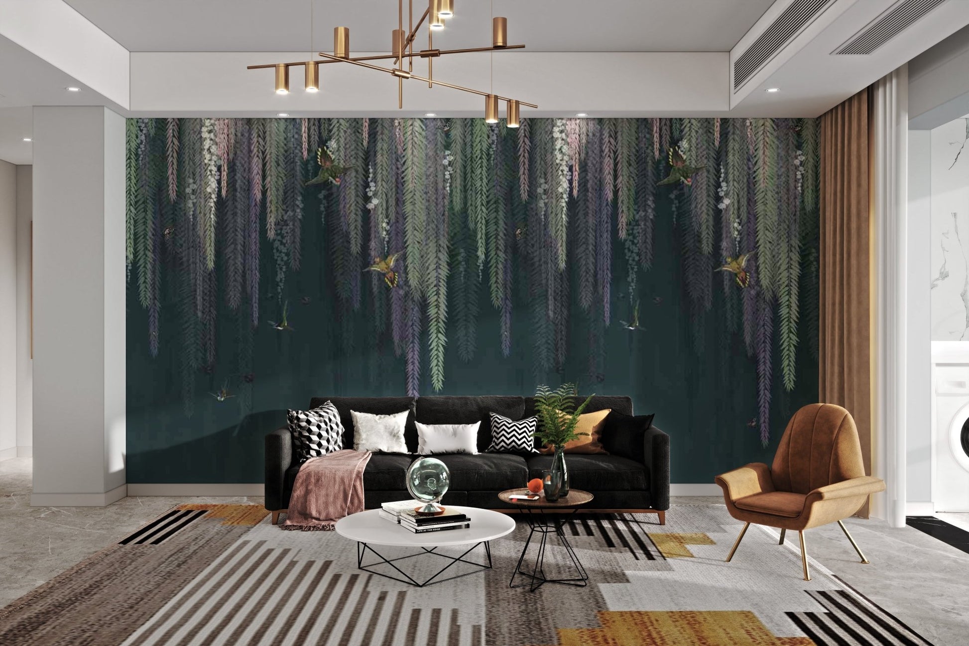 Dark green botanical wall mural with hanging plants for a hallway.