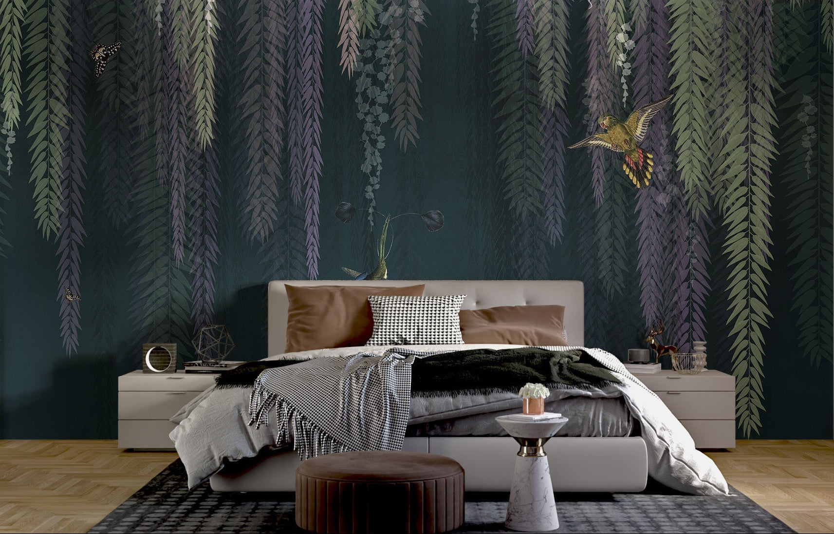 Dark green tropical mural for a moody bedroom feature wall.