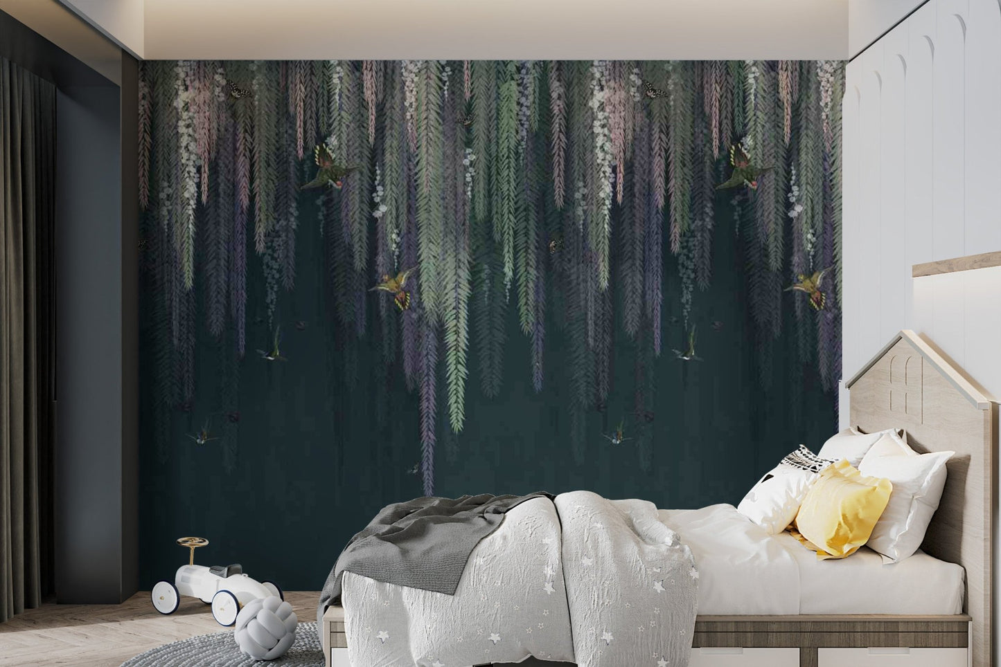 Hanging leaves mural featuring birds in a lush scene in child's bedroom.