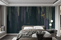 Dark green wall mural with purple hanging flora for a master bedroom.