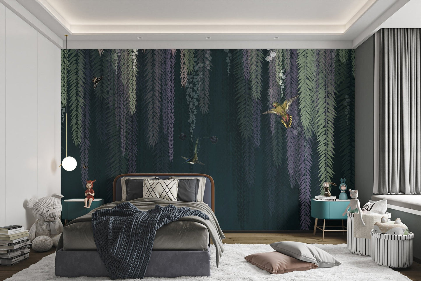 Moody botanical leaves wall mural with purple vines for kids bedroom.